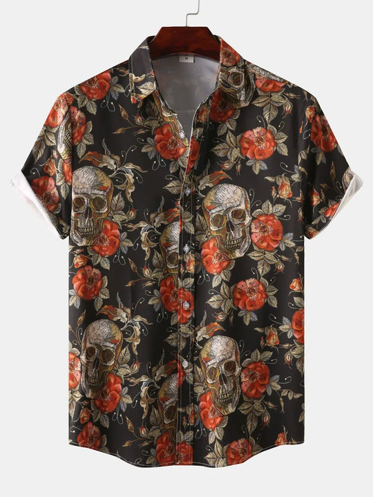 Rose Skull Print Button Up Shirt