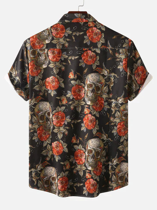 Rose Skull Print Button Up Shirt