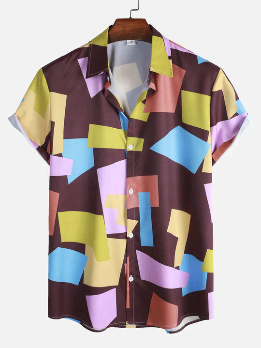 Geometric Color Block Print Button Up Shirt