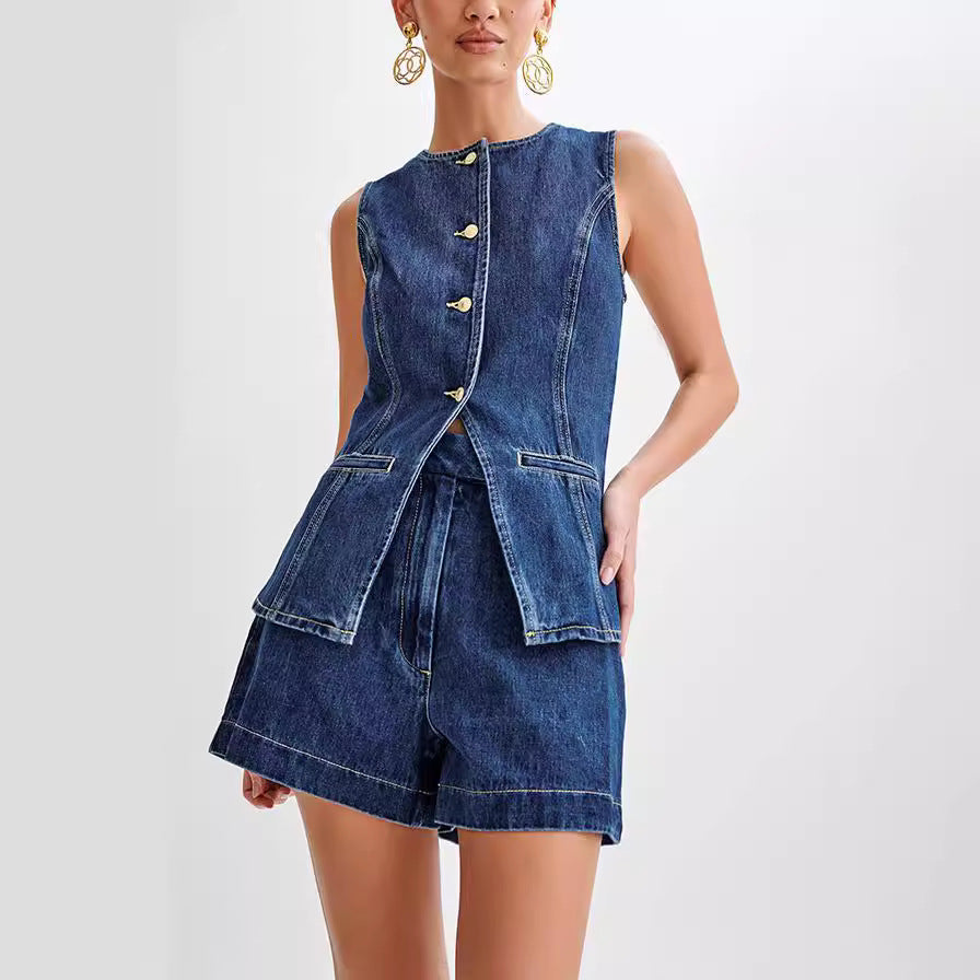 AKIVA - Denim Vest and Shorts Set