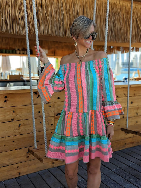 Mae - Ethnic-print off-shoulder mini dress