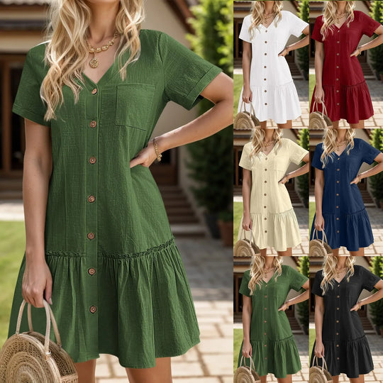 Piala | Button-Down Cotton Linen Dress - Casual Summer Tunic