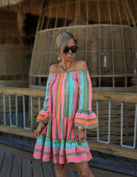 Mae - Ethnic-print off-shoulder mini dress